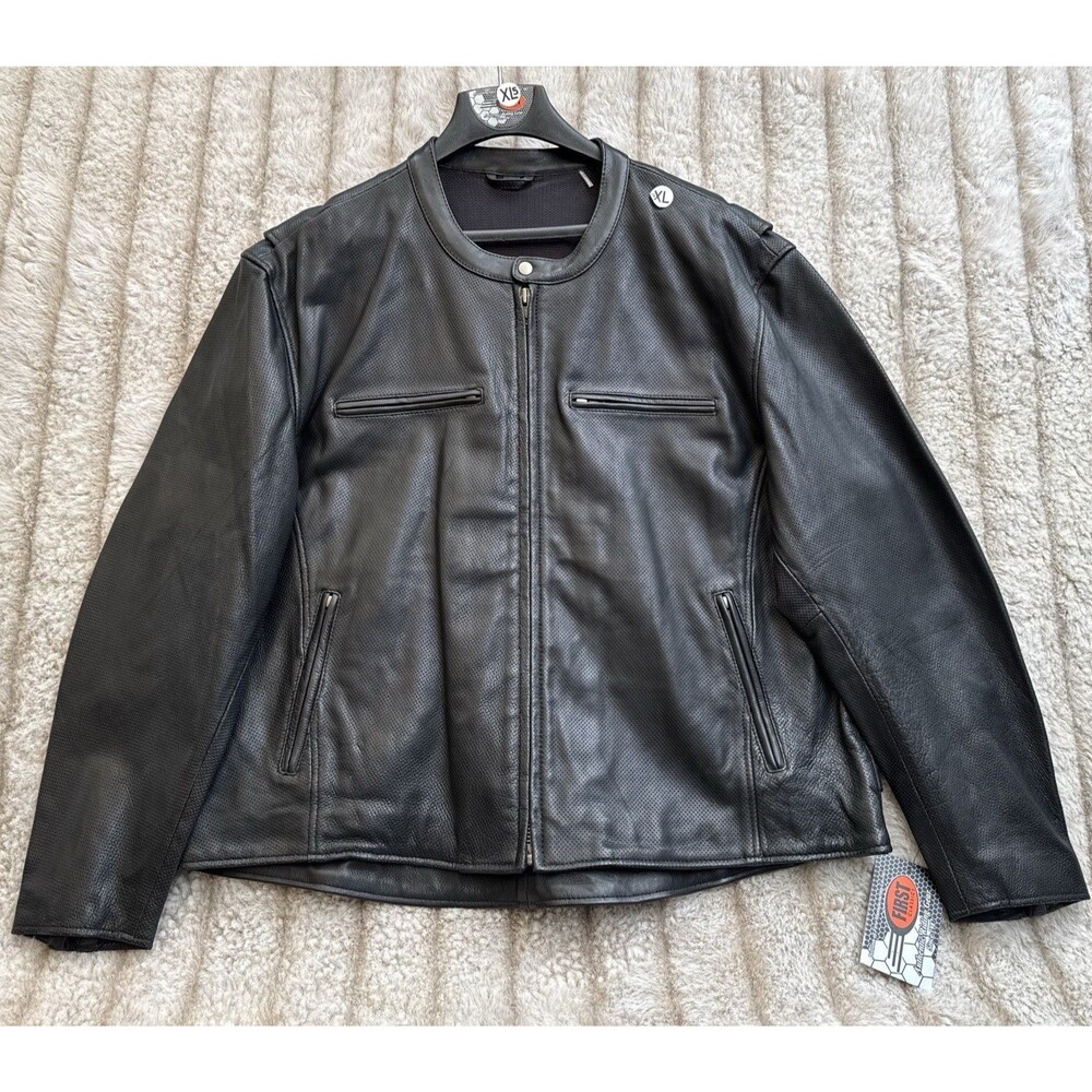 First Mfg Men's Motorcycle Perforated Leather Jacket Long Sleeve Size 5X